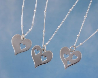 Love Necklace - Sterling heart charm with 1,2 or 3 heart cutouts on delicate sterling silver satellite chain - family- free shipping USA