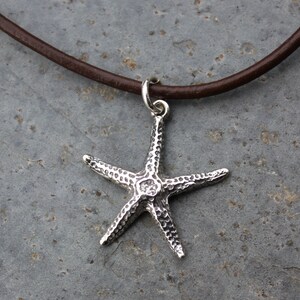 Starfish necklace - sterling silver sea star charm on a brown leather cord - men&#39;s or women&#39;s ocean beach jewelry