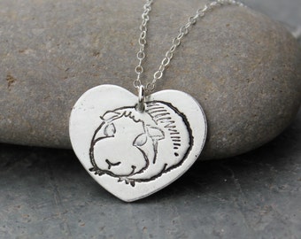 Guinea Pig Love necklace - fine silver handmade heart charm with stamped pet on sterling silver chain - free shipping in USA