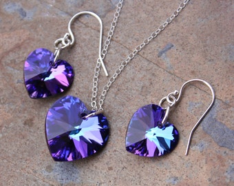 Heliotrope Heart Necklace & Earrings Set -sparkly color changing Blue-Purple Swarovski crystals, on sterling silver or 14k gold fill chain