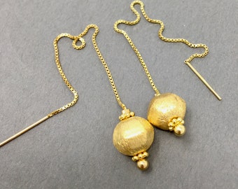 Satin Gold Hexagonal Lantern Earrings -5 inch Gold Plated Sterling Silver Threaders with Gold Plated Beads -Free Shipping USA