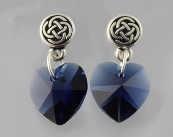 Celtic Knot and Dark Indigo Blue Heart Earrings -Swarovski crystal hearts, Silver Plated Celtic Knots Posts- free shipping USA