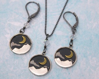 Mountain and Crescent Moon Necklace & Earrings Set or separates- Sterling + Bronze Pendants, Shiny Black Sterling Silver Chain + Lever Backs