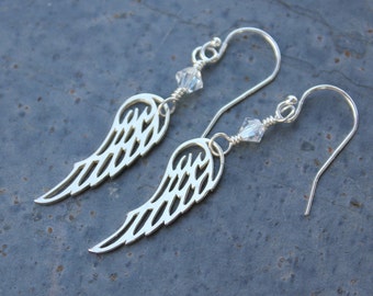 Winged Earrings - Sterling silver angel wing charms, birthstone crystals, sterling silver hooks -  free shipping USA