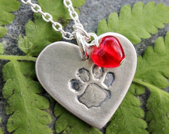 Paw prints on my heart necklace - handmade fine silver heart with pawprint charm, sterling silver chain - dog, cat, pet memory charm