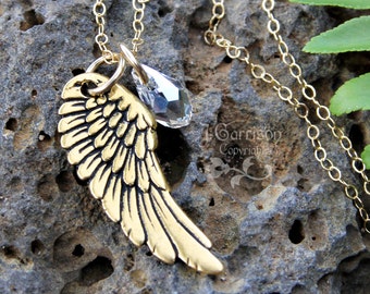 Gold angel wing necklace - gold plated remembrance charm & Swarovski crystal birthstone teardrop on 14k gold filled delicate chain