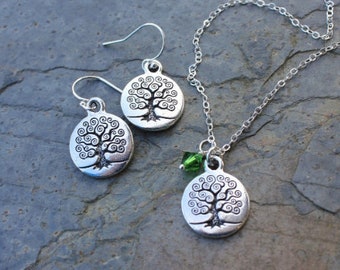 Celtic Tree of Life necklace & earring set - Fern Green Swarovski crystal or birthstone or pearl, sterling silver chain - free shipping USA