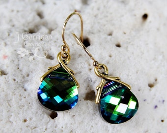 Aqua sphinx briolette earrings, gold filled - blue green color changing Swarovski crystals - free shipping in USA