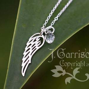 Winged Necklace - Sterling silver angel wing charm, birthstone crystal teardrop, sterling silver chain-