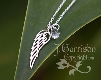 Winged Necklace - Sterling silver angel wing charm, birthstone crystal teardrop, sterling silver chain- free shipping USA