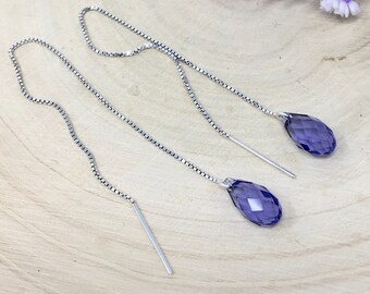 Tanzanite purple briolette dangle threader earrings - Swarovski crystal teardrops on long sterling silver ear threads - free shipping USA