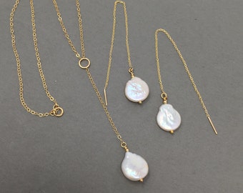 Delicate freshwater pearl coin necklace and threader earrings set- rustic pearl beads, 14k gold filled chain and earrings- free shipping USA