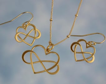 Love You Forever Necklace + Earring Set- 24k gold plated sterling silver infinity sign + heart on 14k gold filled satellite chain and hooks