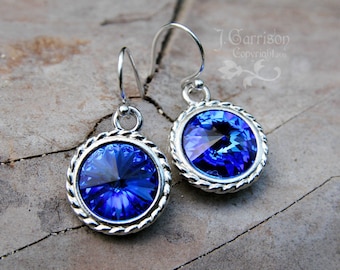 Sapphire Swarovski Crystal Earrings - Deep blue rivoli crystal, sterling silver earwires - free shipping in USA