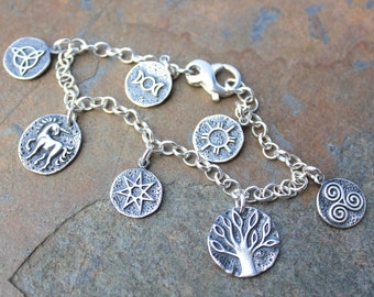 Celtic Faerie Symbols Sterling Silver Charm Bracelet - goddess, protection triquetra, unicorn, fairy star, tree of life, triple spirals, sun
