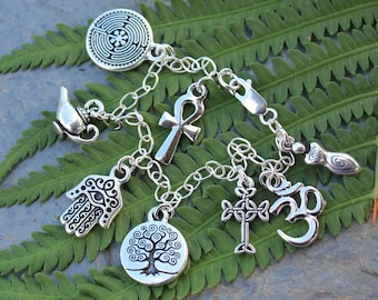 Ancient Religions Charm Bracelet- om, hamsa, tree of life, cross, ankh, labyrinth, genie - coexist - free shipping in US