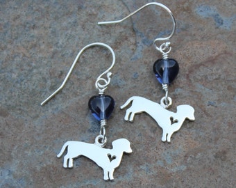 Wiener Dog Oorbellen - sterling zilveren teckel met hart charmes, denim blauwe glazen harten, sterling zilveren oor draden - gratis verzending USA