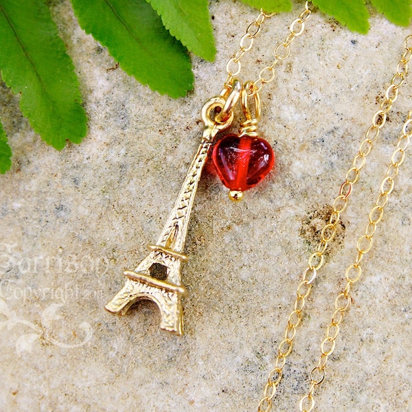 I love Paris necklace - Gold plated Eiffel tower charm and red glass heart on delicate 14k gold filled chain - free shipping in USA