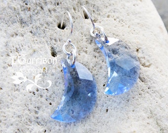 Light sapphire blue crystal crescent moon earrings- sterling silver earwires - pale blue Swarovski crystal moons