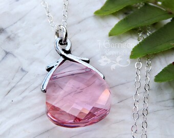 Light Rose Swarovski crystal briolette necklace - sterling silver chain - pink crystal teardrop