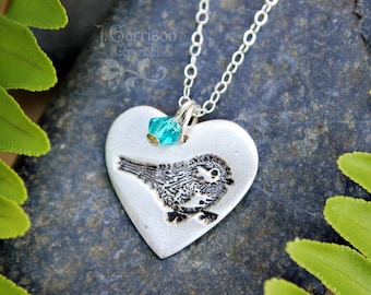 My little chickadee heart & birthstone necklace - handmade fine silver charm with bird stamp, sterling silver chain - free shipping USA