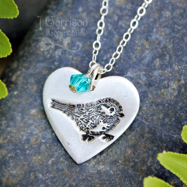 My little chickadee heart & birthstone necklace - handmade fine silver charm with bird stamp, sterling silver chain - free shipping USA