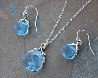 Aquamarine Swarovski crystal briolette necklace & earring set, on sterling silver - light blue- March birthstone - free shipping in USA