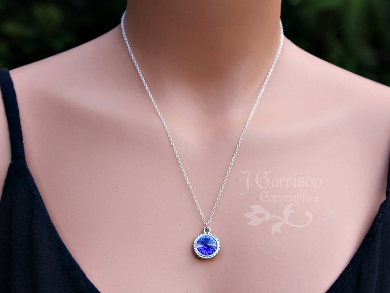 Sapphire & Silver Necklace and Earring Set Deep blue crystal rivoli on sterling silver chain and ear hooks free shipping USA image 4