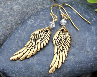 Gold angel wing earrings - gold plated wings & Swarovski crystals on 14k gold filled hooks - Birthstone colors available