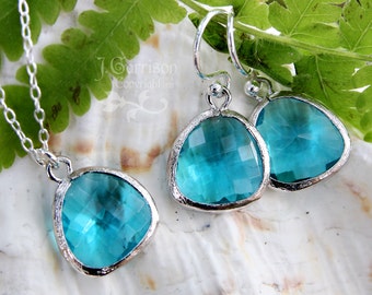 Aqua blue crystal silver necklace and earring set - bezel set deep aqua briolettes on sterling silver chain & earwires - free shipping USA