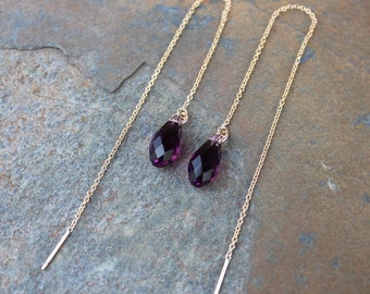 Amethyst Purple drop earrings - Swarovski crystal teardrop briolettes, 14k gold filled ear threaders - thread earrings - free shipping USA