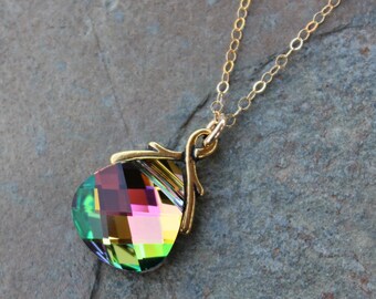 Northern Lights Crystal Gold Necklace -Sparkly pink briolette crystal - 14k gold filled chain - free shipping in USA