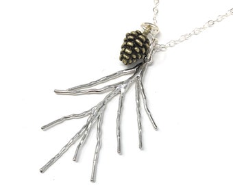 platinum Details about   Pine needle & pine cone necklace sterling chain brass plated charms