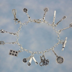 Happy Chef Solid Sterling Silver Charm Bracelet- Cooking Charms- muffin pan, frying pan, rolling pin, measuring spoons +more