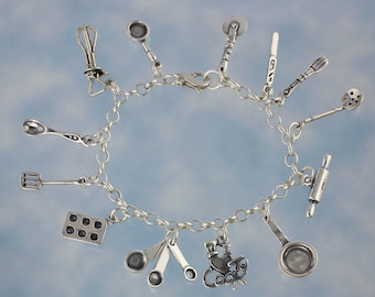 Happy Chef Solid Sterling Silver Charm Bracelet- Cooking Charms- muffin pan, frying pan, rolling pin, measuring spoons +more