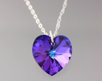 Heliotrope Heart Silver Necklace -purple, pink & blue Swarovski crystal pendant, sterling silver chain- also in gold -