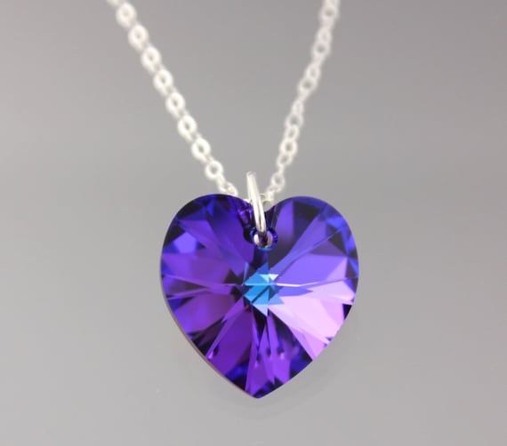 Heliotrope Purple and Blue Crystal Heart Necklace Sterling Silver Heliotrope Purple and Blue Crystal Heart Necklace Sterling Silver