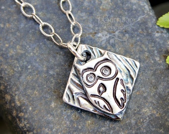 Charming owl necklace - handmade fine silver rustic woodland bird charm, oxidized textured sterling silver chain-  free shipping USA