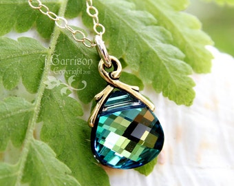 Aqua Sahara Swarovski briolette gold necklace - olive green, aqua blue color changing crystal - free shipping USA