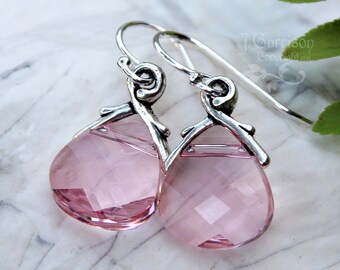 Light Rose Swarovski crystal briolette earrings - sterling silver, pale pink crystal - free shipping in USA