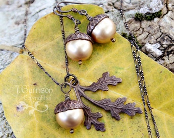 Antiqued Brass Acorn, Oak Leaf Necklace & Earrings Set - Vintaj Brass, Swarovski Pearls - fall autumn leaves - free shipping USA