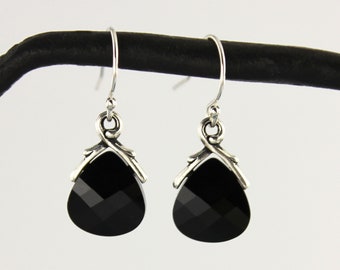 Jet black crystal briolette earrings- sterling silver hooks, black Swarovski briolettes