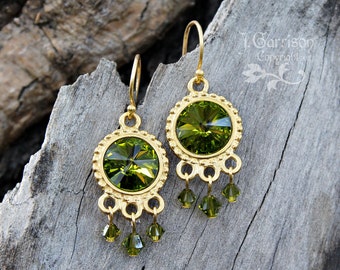 Olivine Green Crystal Rivoli & Gold Earrings - Boho chic - Fall autumn colors - olive green and gold - free shipping in USA