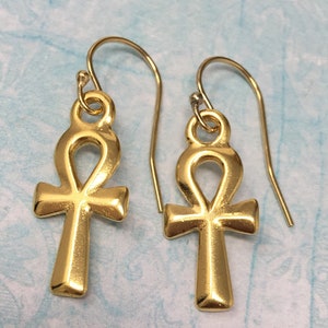 Egyptian Ankh Earrings- 22k gold plated pewter Egyptian Charms, 14k gold filled earwires - ancient symbol - eternal life immortality