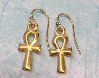 Egyptian Ankh Earrings- 22k gold plated pewter Egyptian Charms, 14k gold filled earwires - Made in USA +Canada