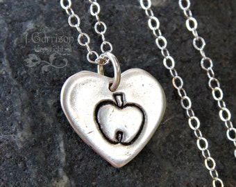 Apple for teacher necklace- handmade tiny fine silver heart charm, sterling silver chain - perfect for teacher, students - free shipping USA