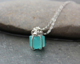 Tiny present necklace- Aqua blue gift box pendant on sterling silver chain - Bright Aqua Blue - Pacific Opal blue - free shipping USA