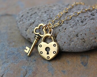 Key to my Heart necklace - 22k gold plated pewter heart lock and key charms on 14k gold filled chain - free shipping in USA