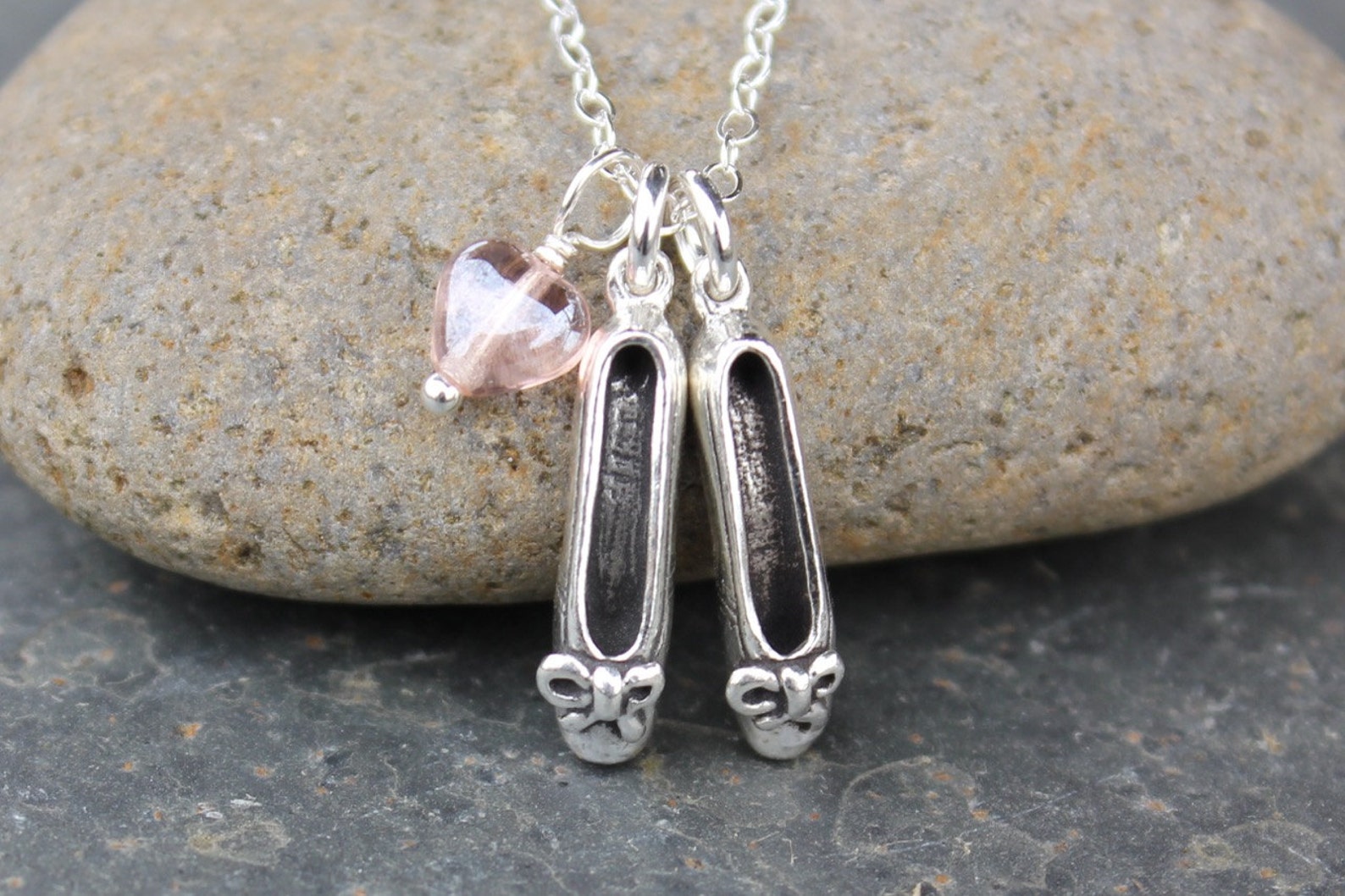 love ballet necklace - sterling silver dancing shoes charms and pale pink glass heart, sterling silver chain - free shipping usa