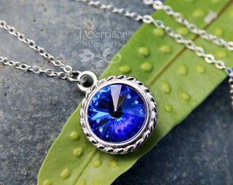 Sapphire Swarovski Crystal Solitaire Necklace - Deep blue rivoli, sterling silver chain - Free shipping USA